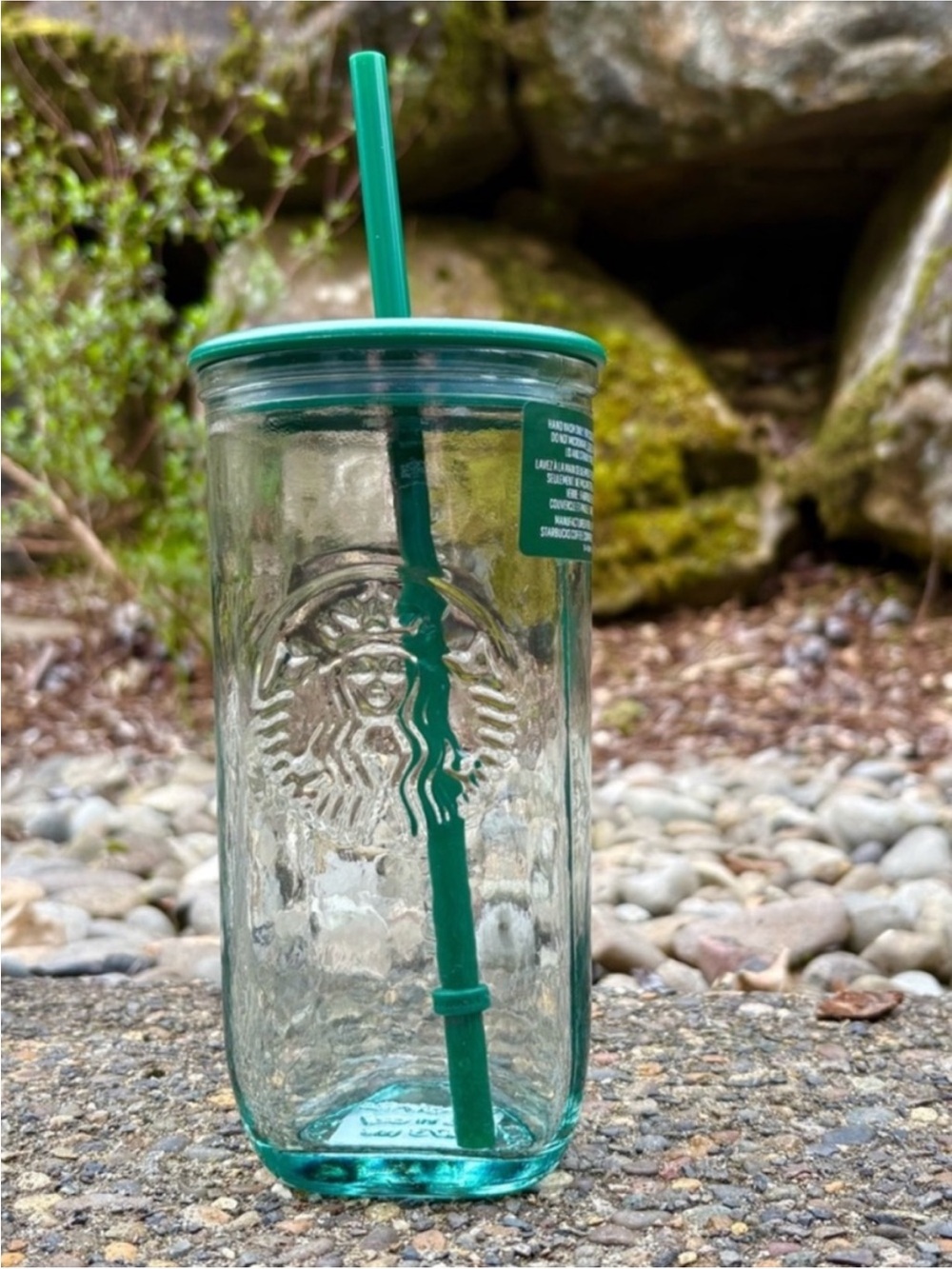 STARBUCKS Triangle Recycled Glass Tumbler 16oz Grande Green Cold Beverages Straw